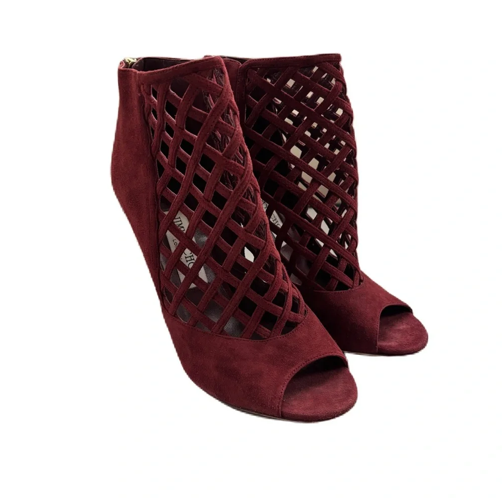 Jimmy Choo Claret Suede Drift Cutout Stiletto Heels Caged‎ Size 38.5 Size 38 1/2